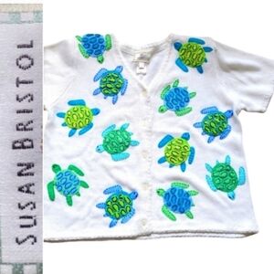 LG Cotton Sweater Top Susan Bristol Felt Beaded Sea Turtles White BNWT 1999 Y2K